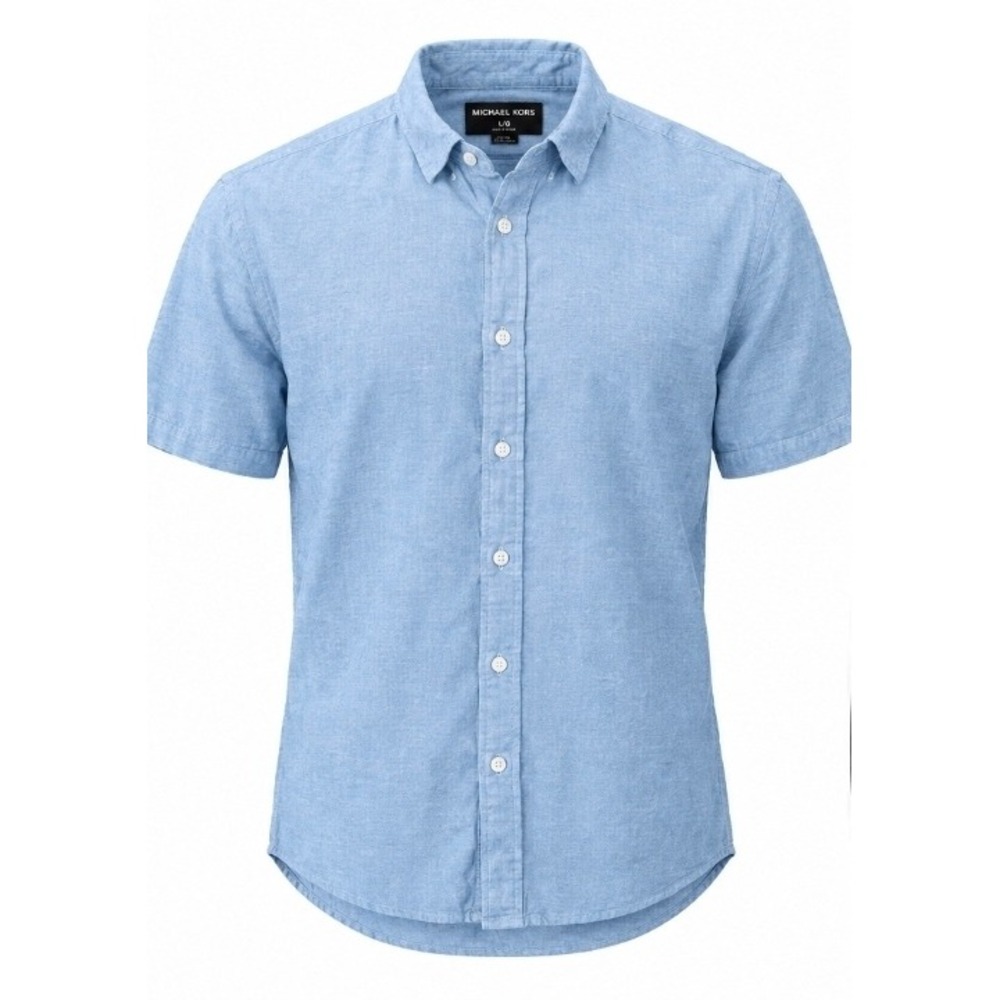 Michael Kors Mens Large Blue Short Sleeve Button Down Shirt Chambray Style
